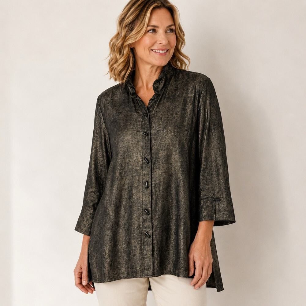 Ali Miles Shimmer Tunic 2X Wire Collar 3/4 Sleeve Button Front Black Gold
